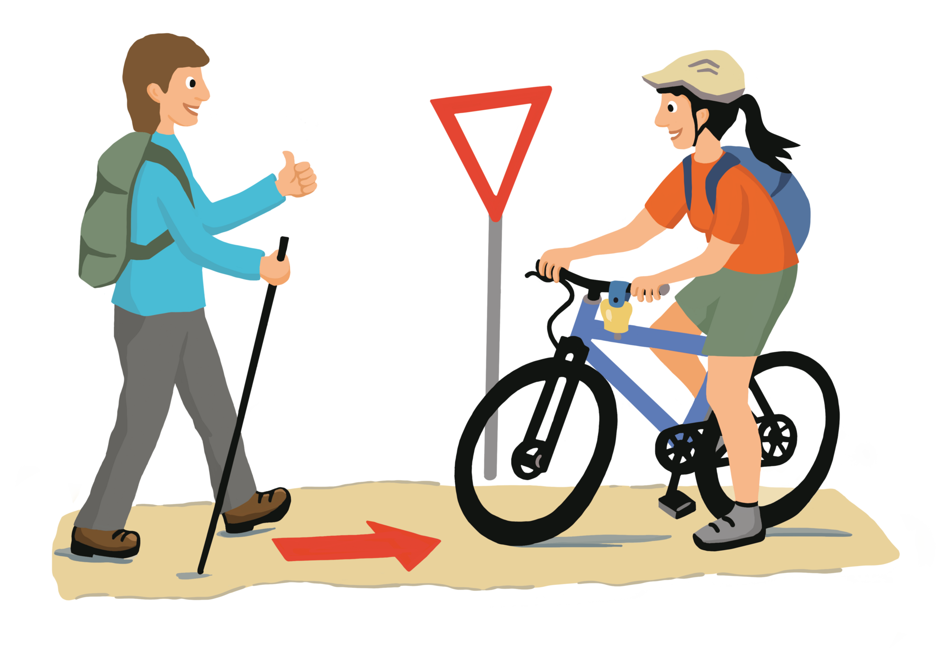 Nach dir  Wanderer haben Vortritt. Biker passieren andere Wegnutzer langsam, oder steigen kurz ab.