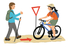 Nach dir  Wanderer haben Vortritt. Biker passieren andere Wegnutzer langsam, oder steigen kurz ab.