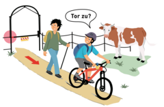 Muuh, Mach ds Türli zue!  Törchen langsam passieren und gegebenenfalls schliessen. Respekt gegenüber Kühen, (Mutterkuhhaltung).